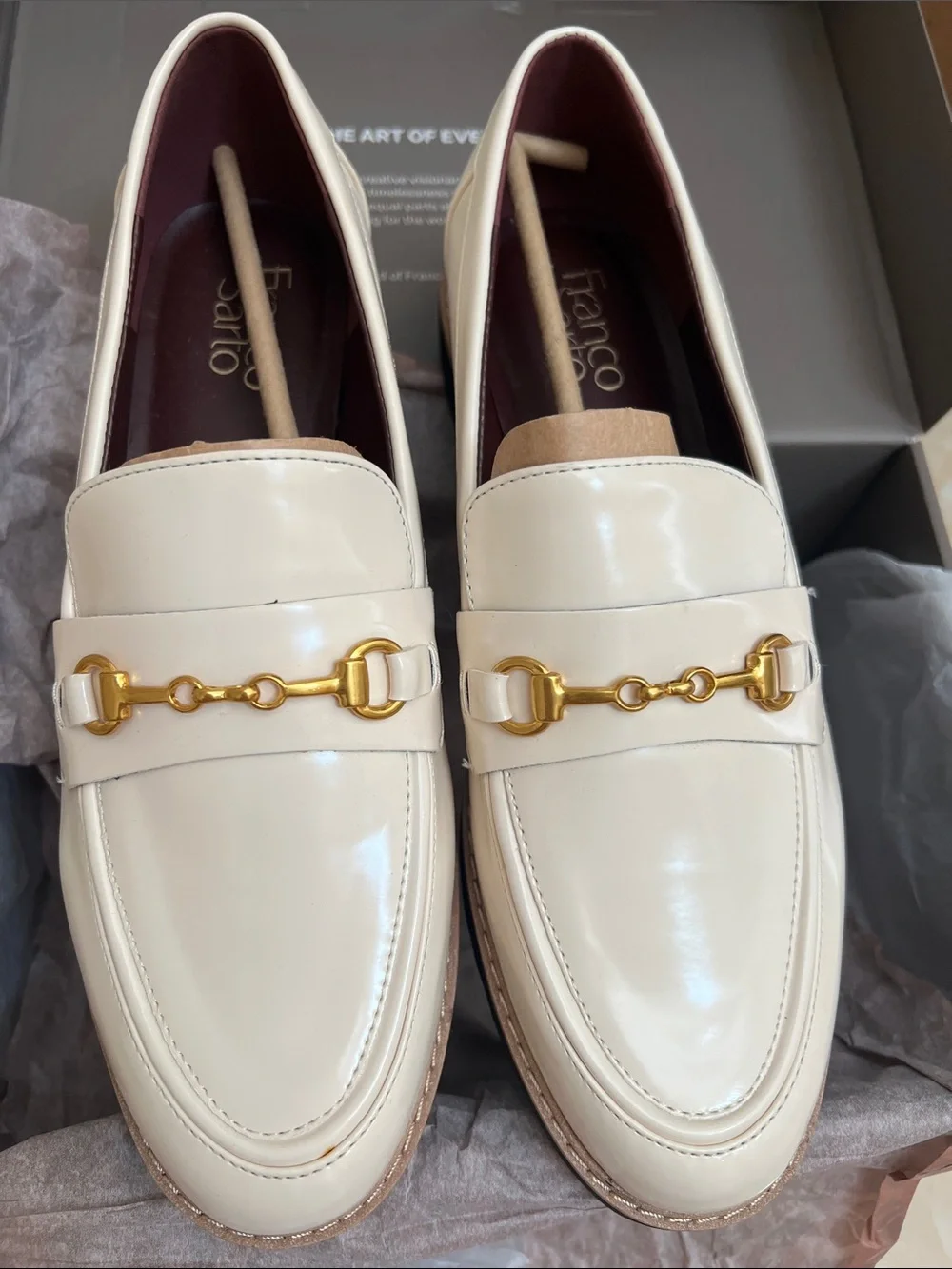 Franco Sarto Cream Leather Bit Loafers with Black Lug Sole